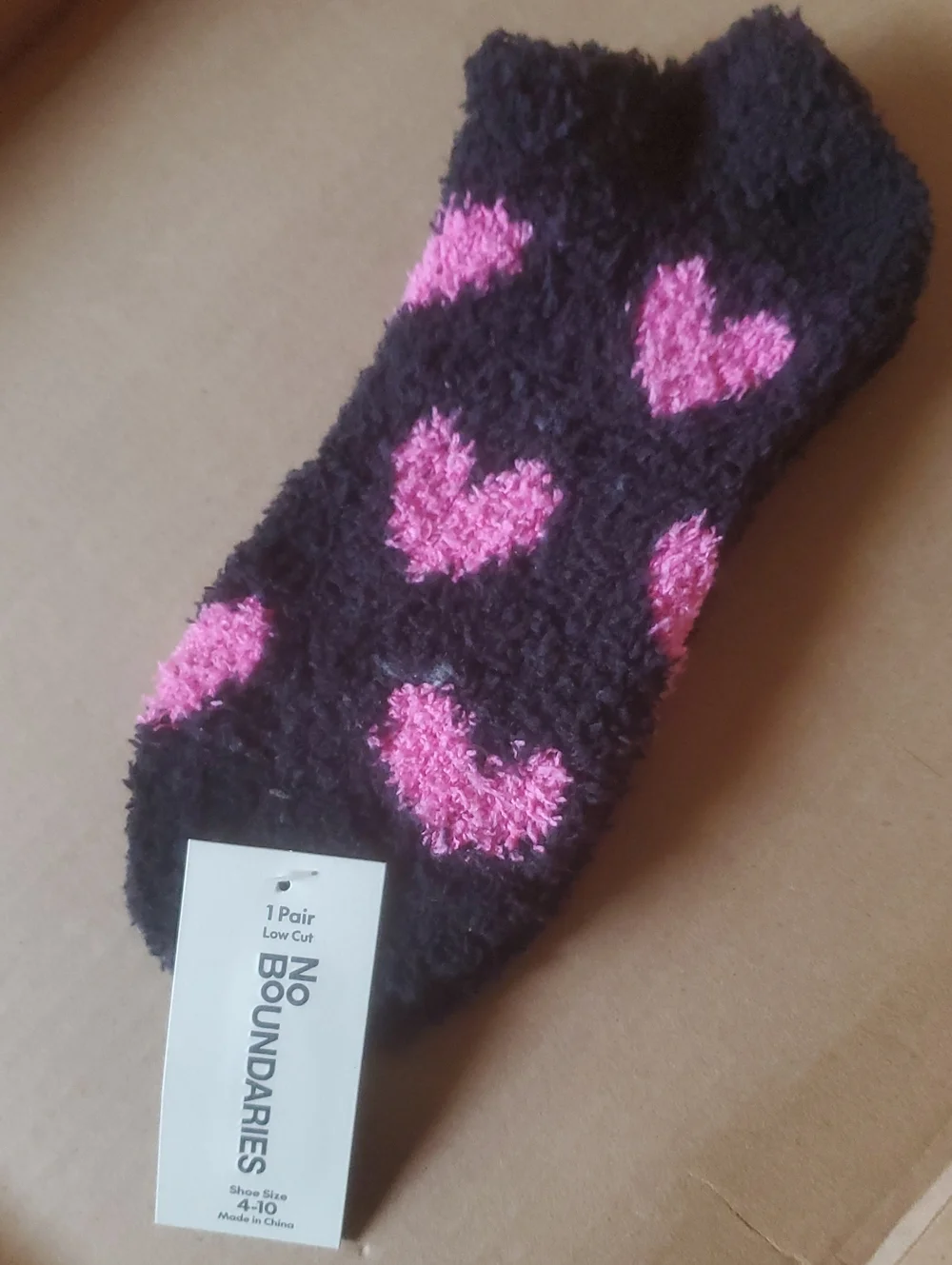 No Boundaries Black Fuzzy Socks with Pink Hearts